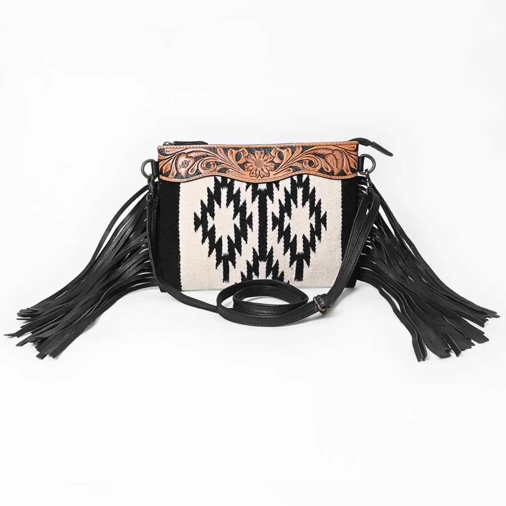 American Darling Black and Cream Crossbody Bag with Fringe